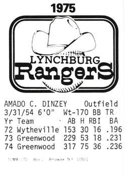 1975 TCMA Lynchburg Rangers #NNO Amado Dinzey Back