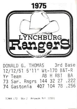 1975 TCMA Lynchburg Rangers #NNO Don Thomas Back