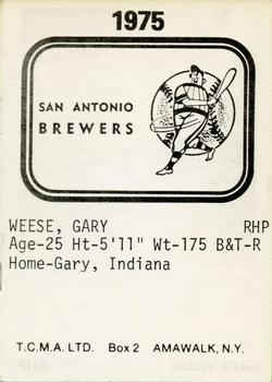 1975 TCMA San Antonio Brewers #NNO Gary Weese Back