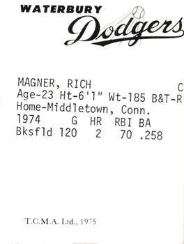 1975 TCMA Waterbury Dodgers #NNO Rich Magner Back