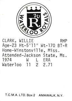 1975 TCMA Waterloo Royals #NNO Willie Clark Back