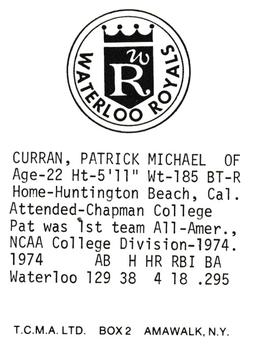 1975 TCMA Waterloo Royals #NNO Pat Curran Back