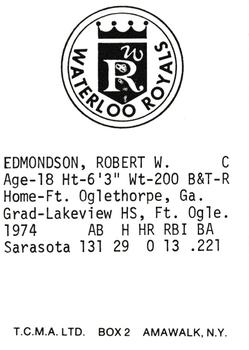 1975 TCMA Waterloo Royals #NNO Bobby Edmondson Back
