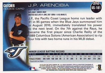 2010 Topps Update #US-181 J.P. Arencibia Back