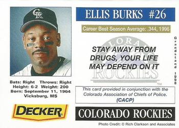 1998 Grandstand Colorado Rockies Police #NNO Ellis Burks Back