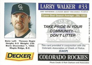 1998 Grandstand Colorado Rockies Police #NNO Larry Walker Back