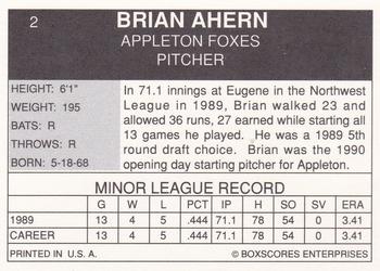 1990 Boxscores Appleton Foxes #2 Brian Ahern Back