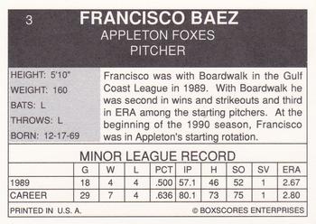 1990 Boxscores Appleton Foxes #3 Francisco Baez Back