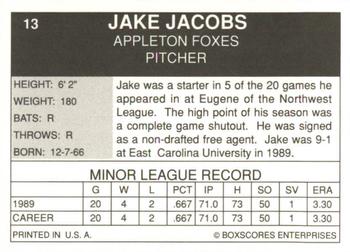 1990 Boxscores Appleton Foxes #13 Jake Jacobs Back