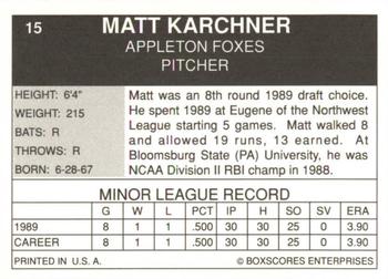 1990 Boxscores Appleton Foxes #15 Matt Karchner Back