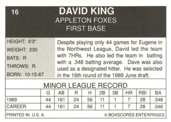 1990 Boxscores Appleton Foxes #16 David King Back