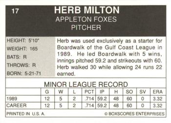 1990 Boxscores Appleton Foxes #17 Herb Milton Back