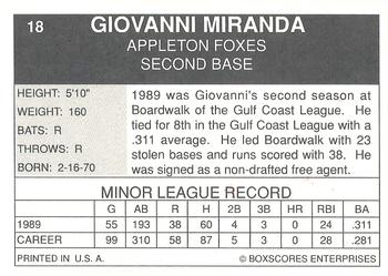 1990 Boxscores Appleton Foxes #18 Giovanni Miranda Back