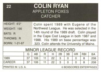 1990 Boxscores Appleton Foxes #22 Colin Ryan Back
