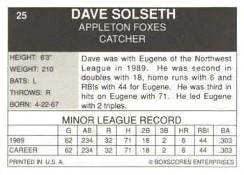 1990 Boxscores Appleton Foxes #25 Dave Solseth Back