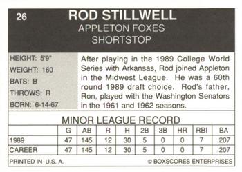 1990 Boxscores Appleton Foxes #26 Rod Stillwell Back