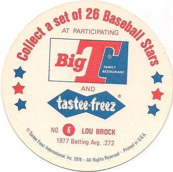 1978 Big T/Tastee-Freez Discs #6 Lou Brock Back
