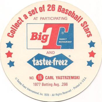 1978 Big T/Tastee-Freez Discs #16 Carl Yastrzemski Back