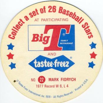1978 Big T/Tastee-Freez Discs #22 Mark Fidrych Back
