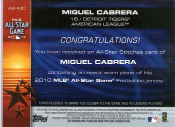 2010 Topps Update - All-Star Stitches Gold #AS-MC Miguel Cabrera Back