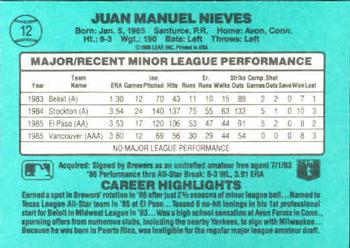 1986 Donruss The Rookies #12 Juan Nieves Back