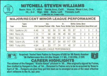 1986 Donruss The Rookies #19 Mitch Williams Back