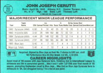 1986 Donruss The Rookies #20 John Cerutti Back