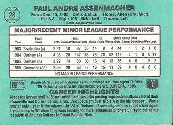 1986 Donruss The Rookies #28 Paul Assenmacher Back