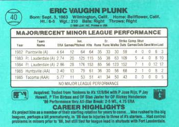 1986 Donruss The Rookies #40 Eric Plunk Back