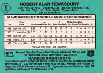 1986 Donruss The Rookies #8 Bob Tewksbury Back