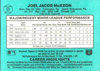 1986 Donruss The Rookies #55 Joel McKeon Back