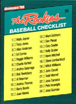 1986 Donruss The Rookies #56 Checklist Front