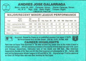 1986 Donruss The Rookies #7 Andres Galarraga Back