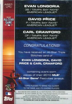 2010 Topps Update - All-Star Stitches Triple #ASST-LPC Evan Longoria / David Price / Carl Crawford Back