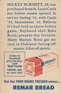 1946 Remar Bread Oakland Oaks #9 Mickey Burnett Back
