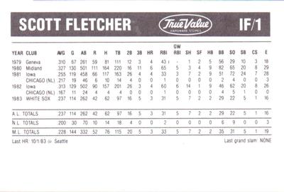 1984 True Value Chicago White Sox #NNO Scott Fletcher Back