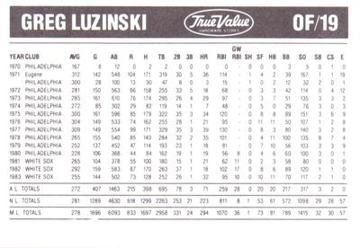 1984 True Value Chicago White Sox #NNO Greg Luzinski Back