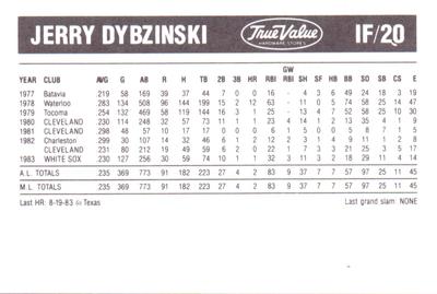1984 True Value Chicago White Sox #NNO Jerry Dybzinski Back