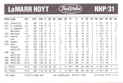 1984 True Value Chicago White Sox #NNO LaMarr Hoyt Back