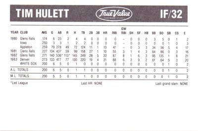1984 True Value Chicago White Sox #NNO Tim Hulett Back