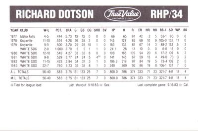 1984 True Value Chicago White Sox #NNO Richard Dotson Back