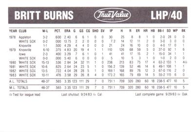 1984 True Value Chicago White Sox #NNO Britt Burns Back