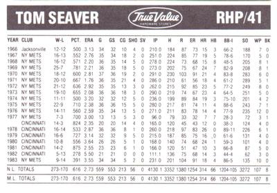 1984 True Value Chicago White Sox #NNO Tom Seaver Back