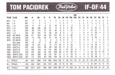 1984 True Value Chicago White Sox #NNO Tom Paciorek Back