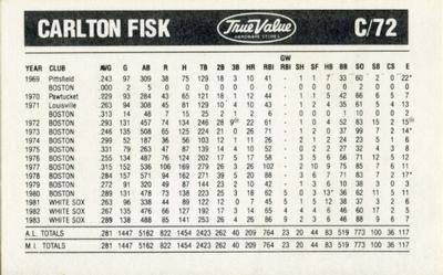 1984 True Value Chicago White Sox #NNO Carlton Fisk Back