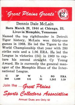 1975 Sheraton Great Plains Greats #42 Denny McLain Back