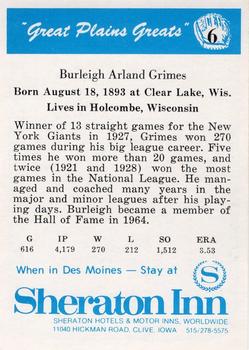 1975 Sheraton Great Plains Greats #6 Burleigh Grimes Back