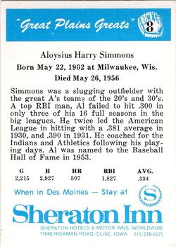 1975 Sheraton Great Plains Greats #8 Al Simmons Back