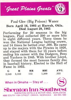 1975 Sheraton Great Plains Greats #9 Paul Waner Back