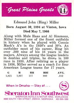 1975 Sheraton Great Plains Greats #14 Bing Miller Back